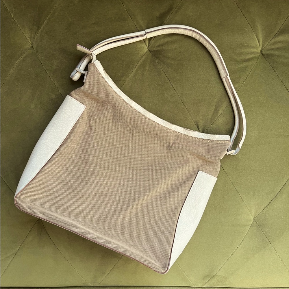 Gucci Canvas Leather Trim Handbag Shoulder Bag Beige White‎